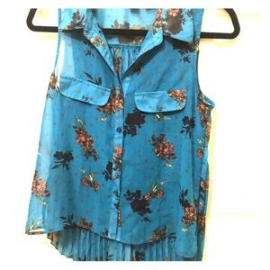 Teal turquoise floral sheer button front blouse SM
